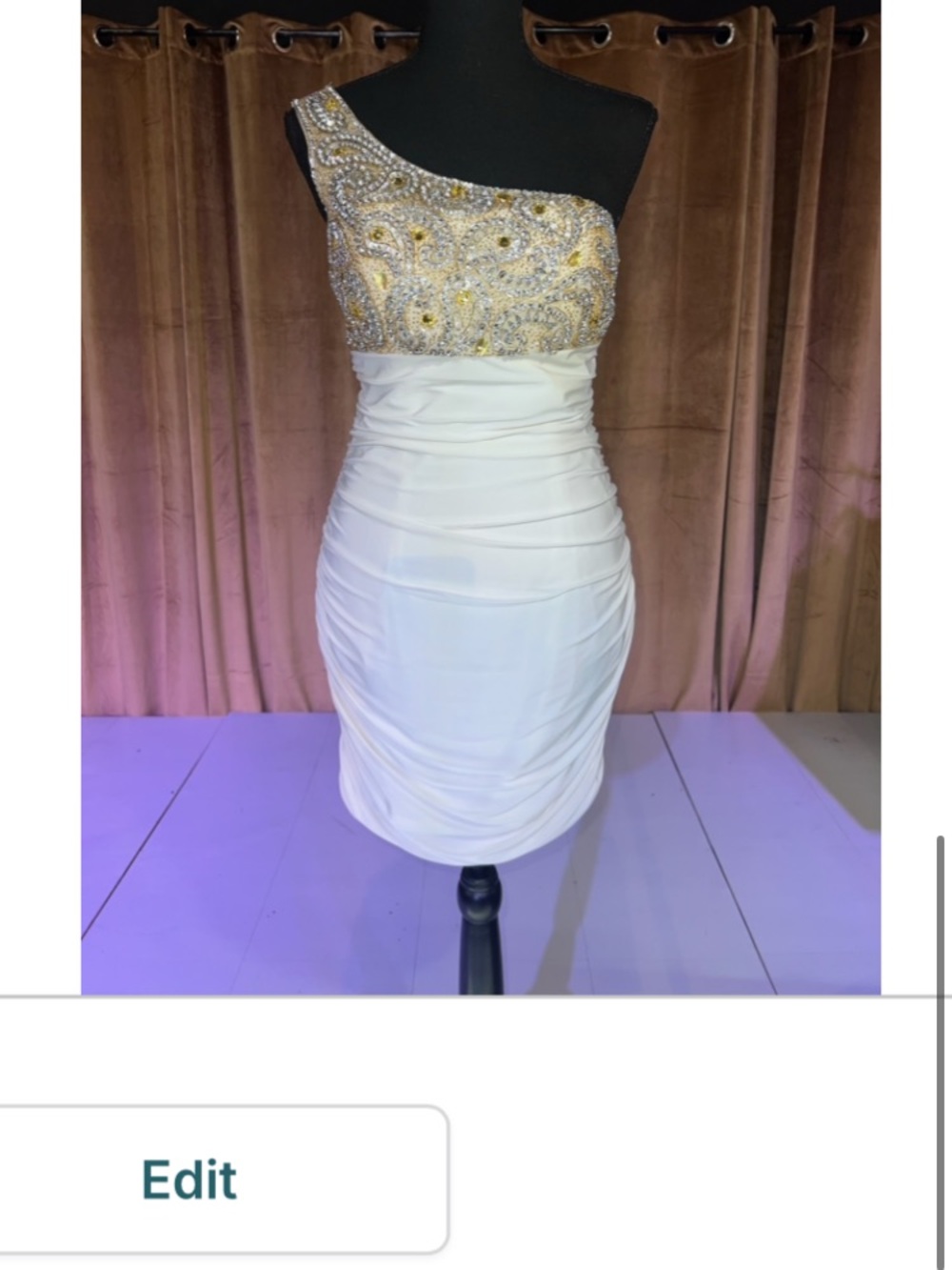 One-Shoulder White Cocktail Dress with Gold & Silver Embellished Bodice